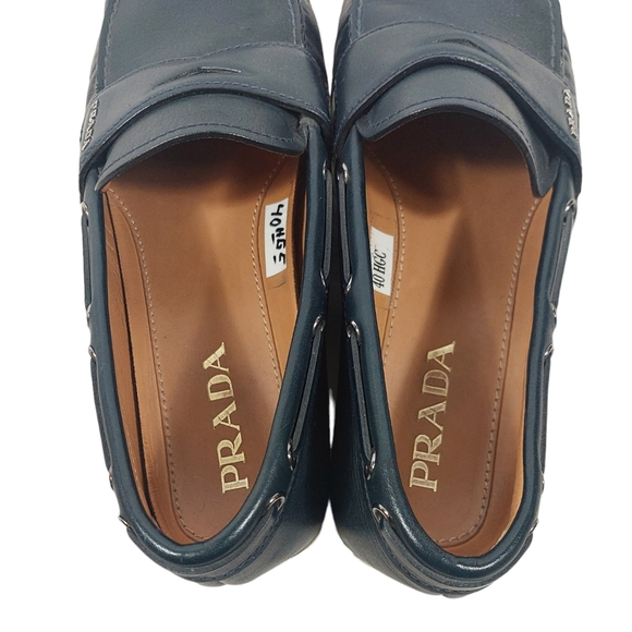 Prada Men's Navy/White Stripe Detail Penny Loafer Moccasin Shoes - Picture 3 of 13